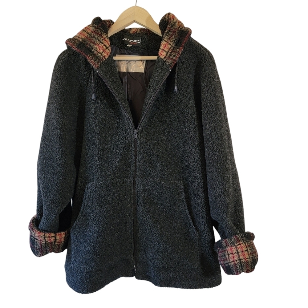 Sandro Black Boucle Full-Zip Hooded Jacket Sz L Plaid Lining Contemporary Pocket